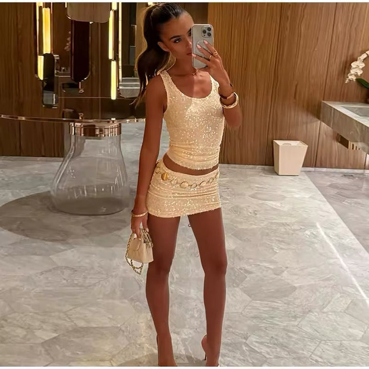 Solennea – Ensemble deux pièces doré aux reflets subtils