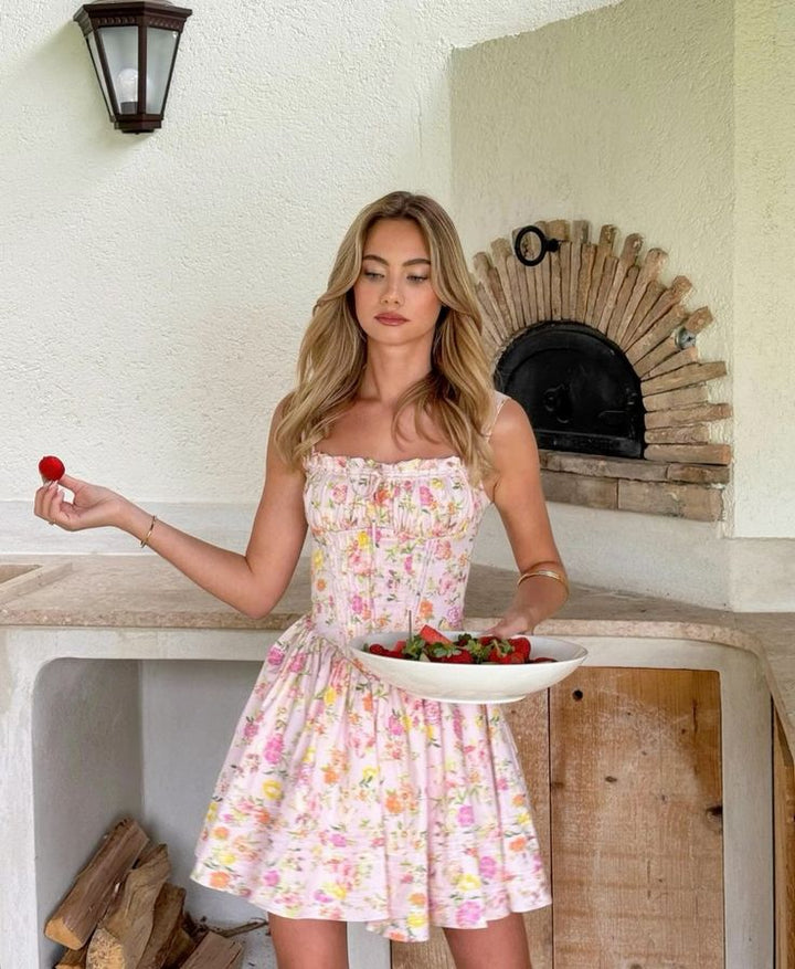 Norelia – Lace Corset Mini Dress with Floral Print