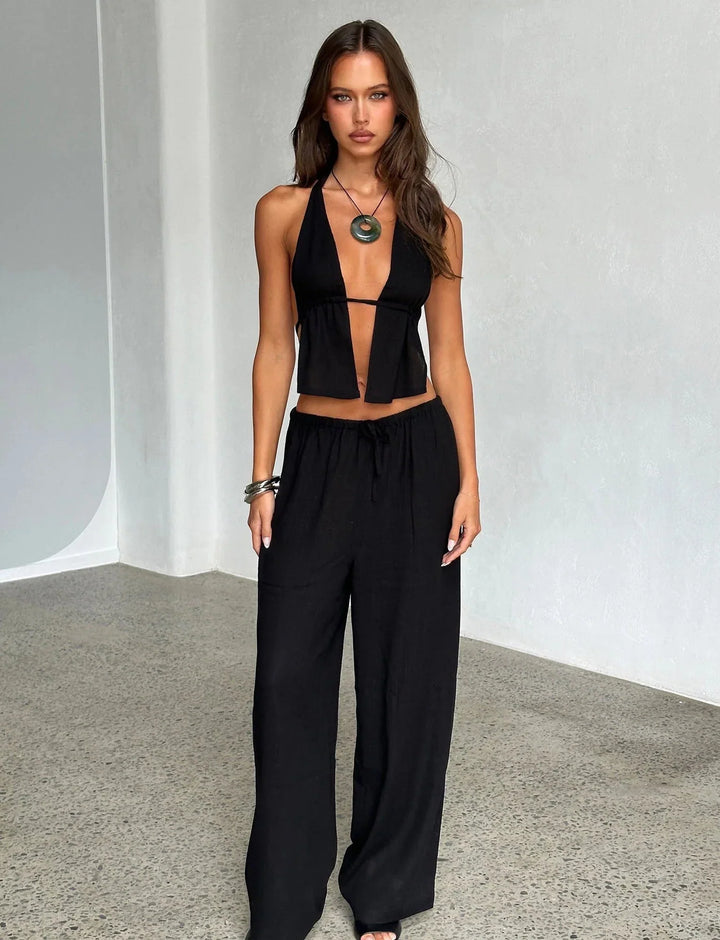 Mireza – Ensemble haut dos nu et jambe large avec détails ouverts