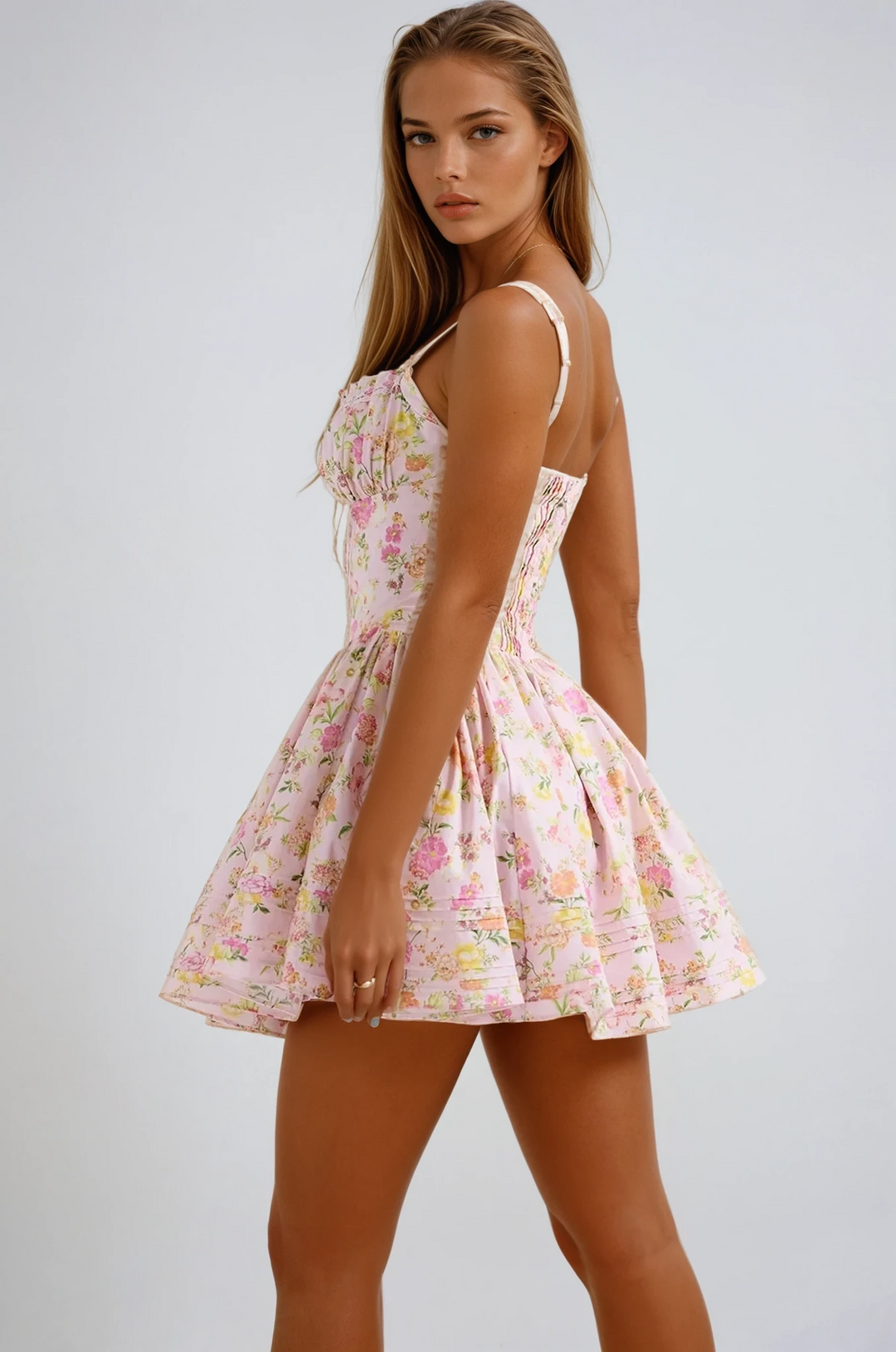 Norelia – Lace Corset Mini Dress with Floral Print