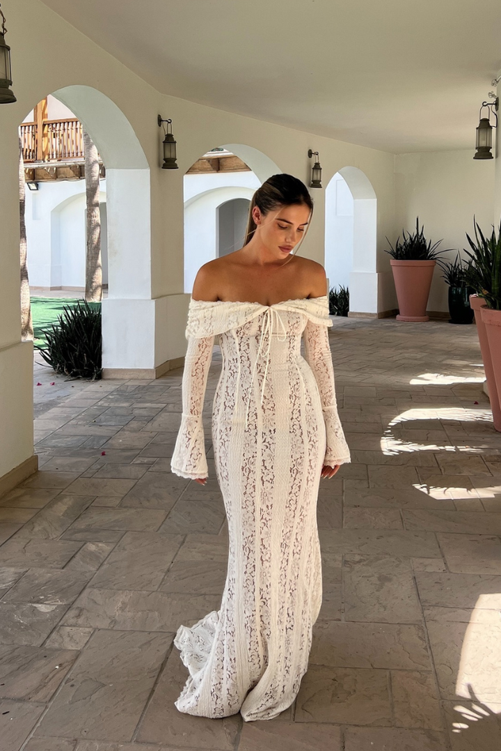 Loréna – Lace off-shoulder maxi dress with decorative details