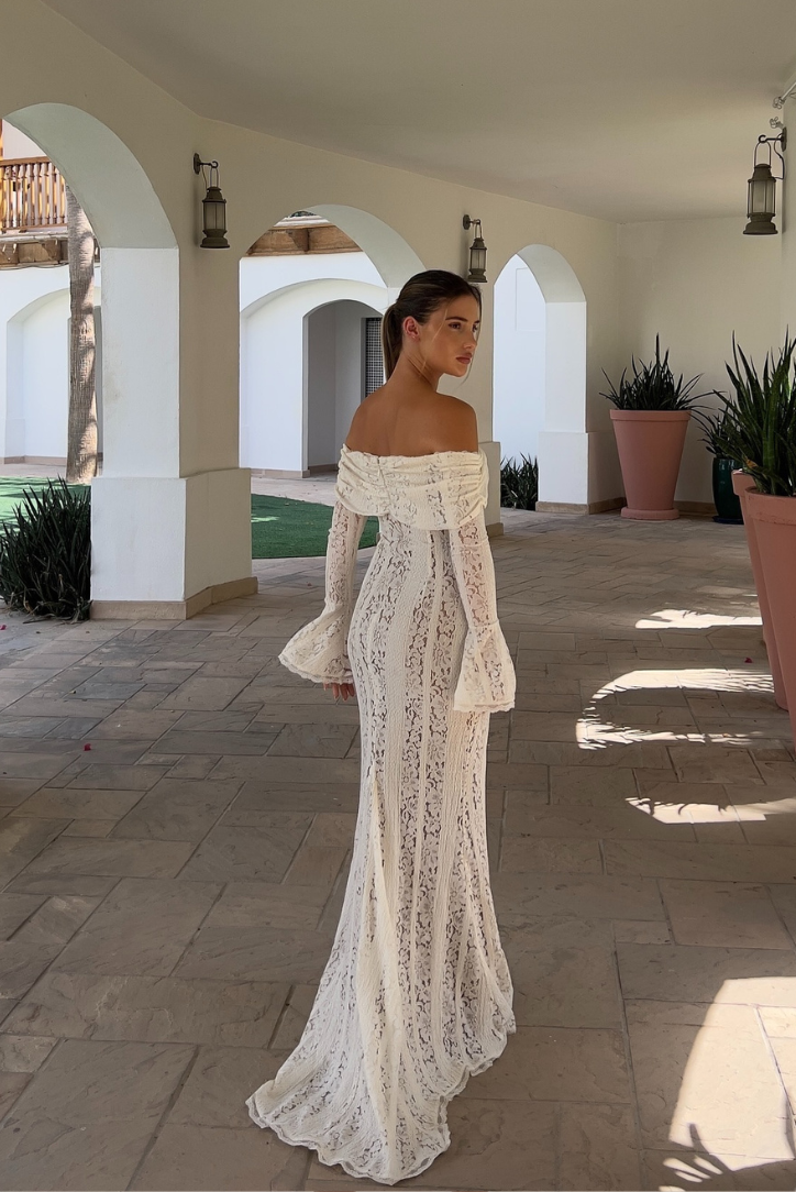 Loréna – Lace off-shoulder maxi dress with decorative details