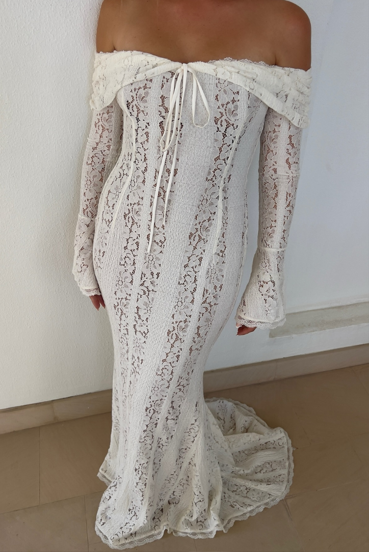 Loréna – Lace off-shoulder maxi dress with decorative details
