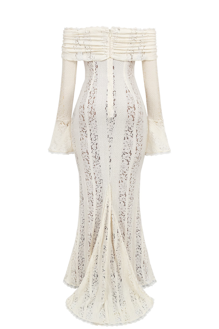 Loréna – Lace off-shoulder maxi dress with decorative details