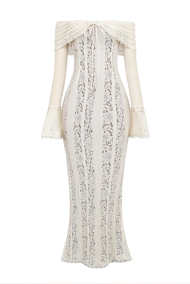 Loréna – Lace off-shoulder maxi dress with decorative details