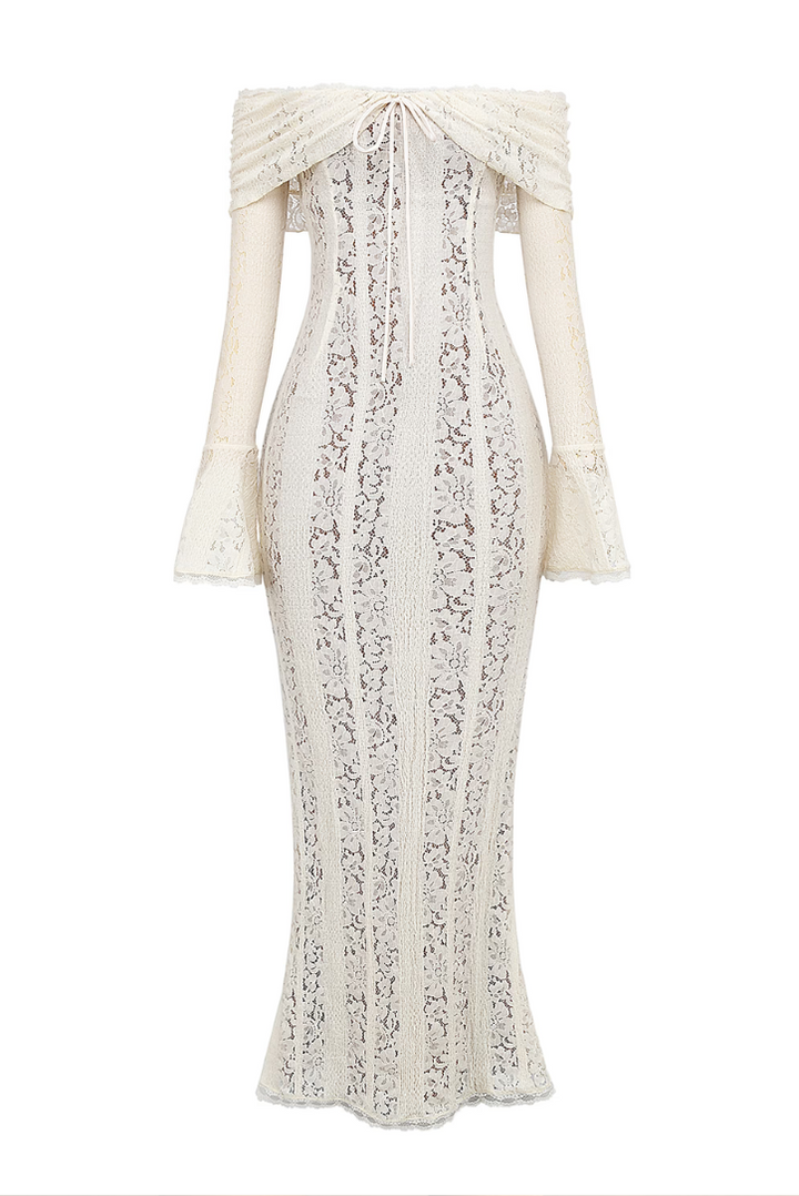 Loréna – Lace off-shoulder maxi dress with decorative details