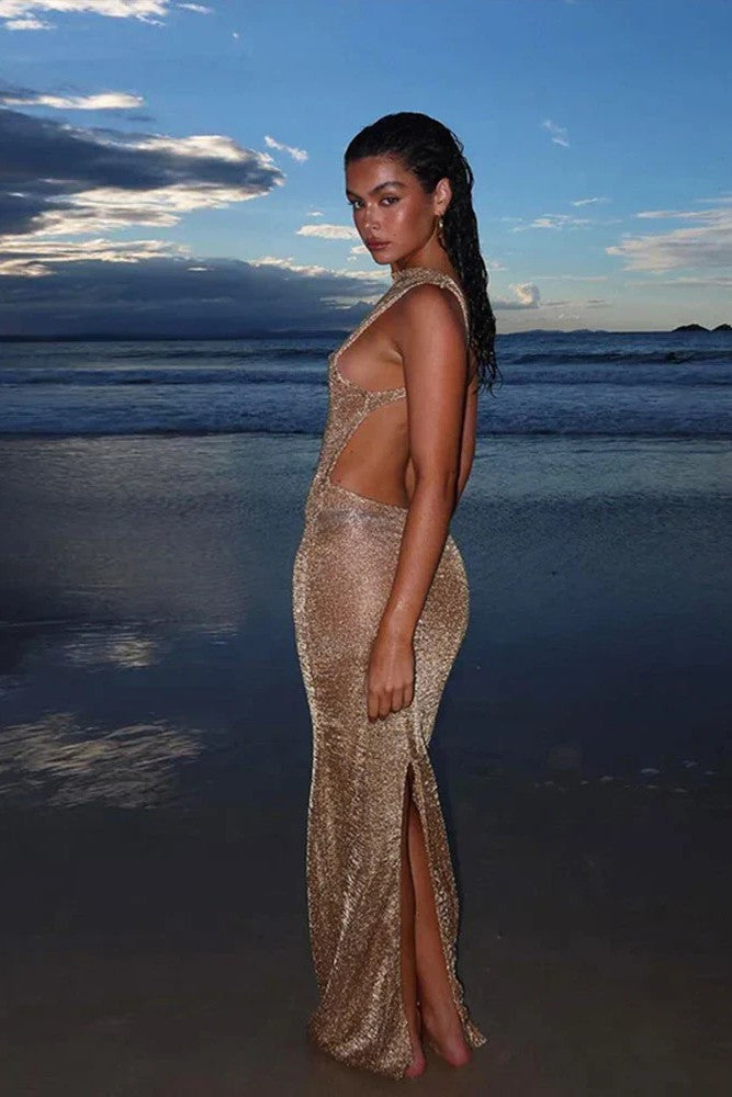 Eloura – Shimmer maxi-jurk met open rug en minimalistische snit