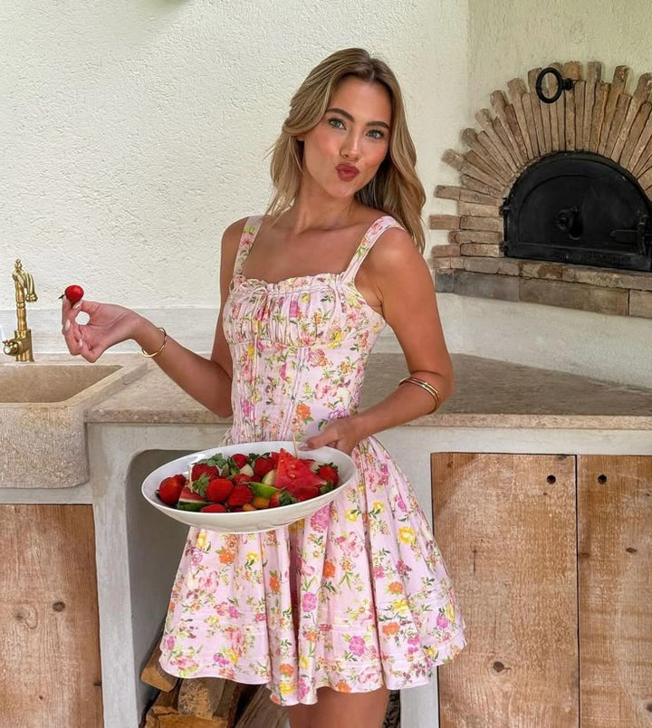 Norelia – Kanten corset mini-jurk met bloemenprint
