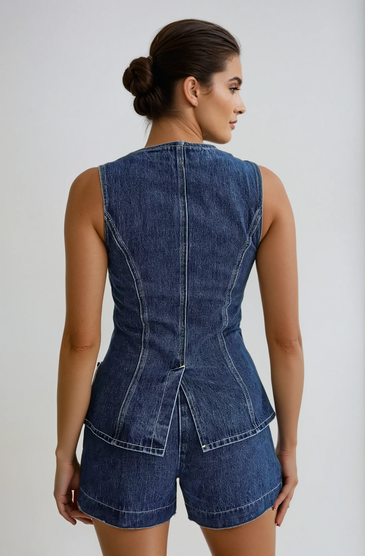 Dahlia – Denim co-ord set met gilet en short