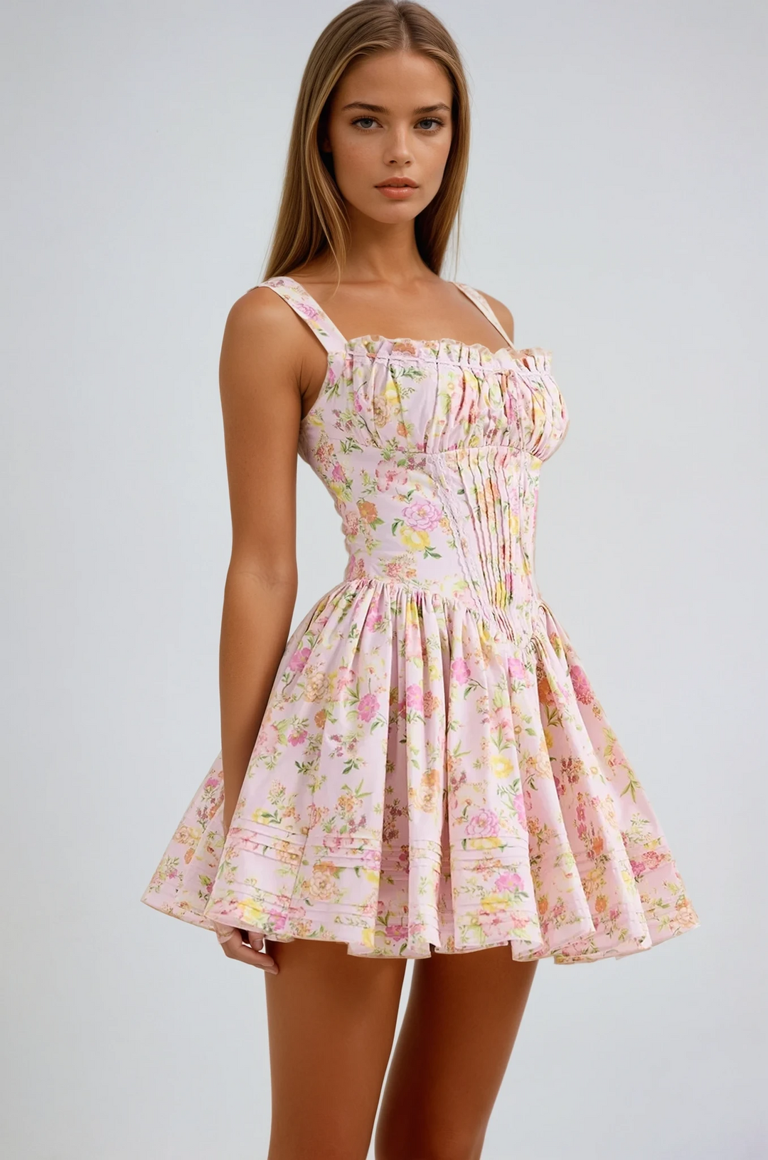 Norelia – Kanten corset mini-jurk met bloemenprint