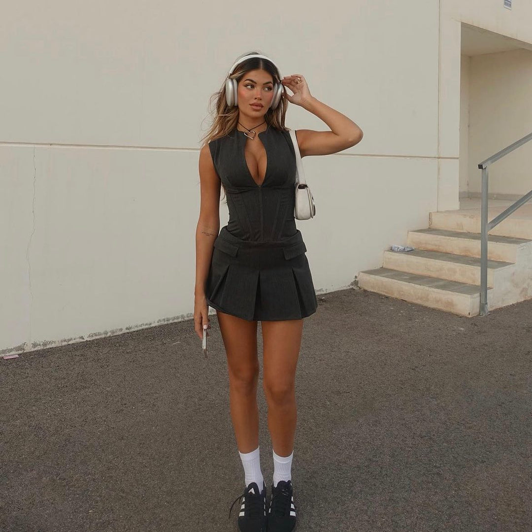 Sylvette – Corset Mini-jurk met Geplisseerde Rok